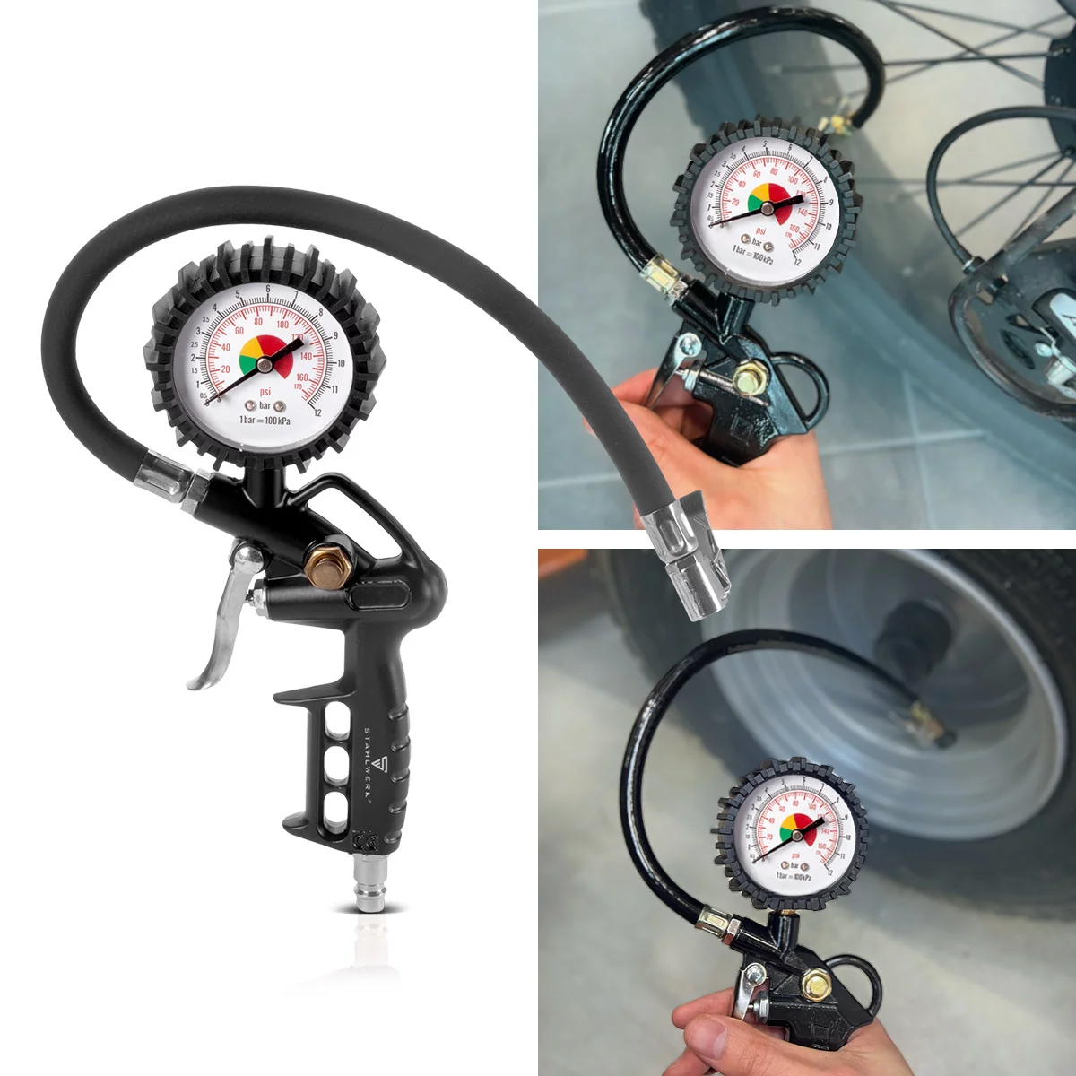 Set de aer comprimat STAHLWERK cu 5 piese | unealtă cu aer comprimat, inclusiv pistol de vopsit, pistol de suflat, pistol de curățare cu recipient, umflator de anvelope cu manometru și furtun spiralat [2]