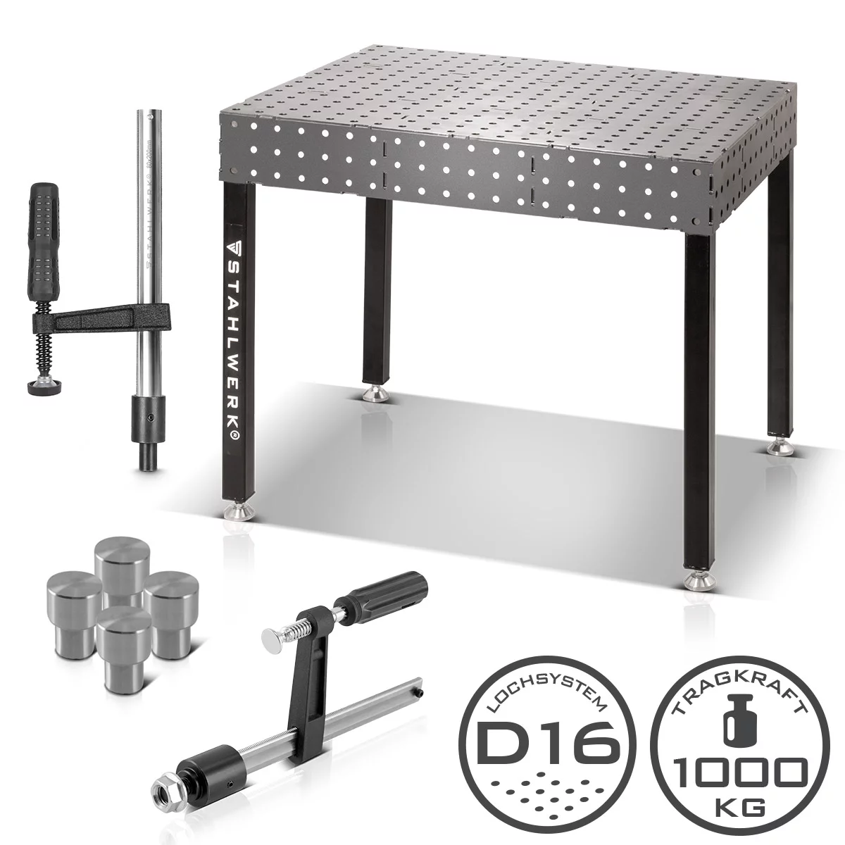 Mese de sudura - Set masă de sudură STAHLWERK | Masă robustă de sudură și asamblare 3D cu sistem de găuri D16 | Blat de lucru de 6 mm | Kit DIY într-un set cu cleme de fixare, înșurubare și prindere | 4 șuruburi de pr
