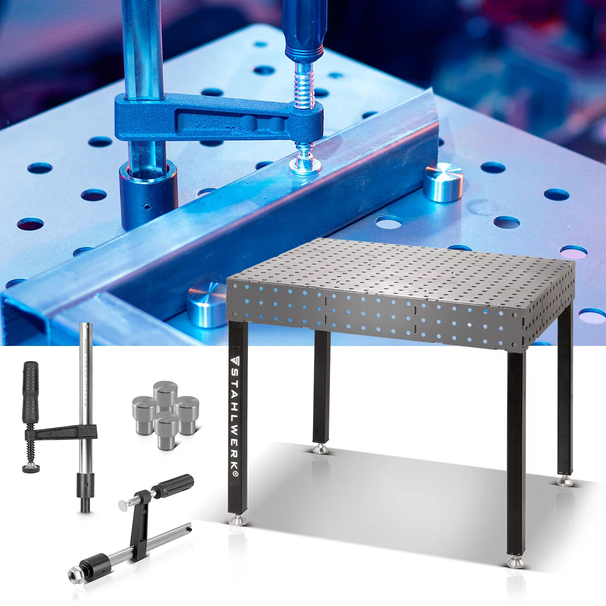 Set masă de sudură STAHLWERK | Masă robustă de sudură și asamblare 3D cu sistem de găuri D16 | Blat de lucru de 6 mm | Kit DIY într-un set cu cleme de fixare, înșurubare și prindere | 4 șuruburi de pr [6]