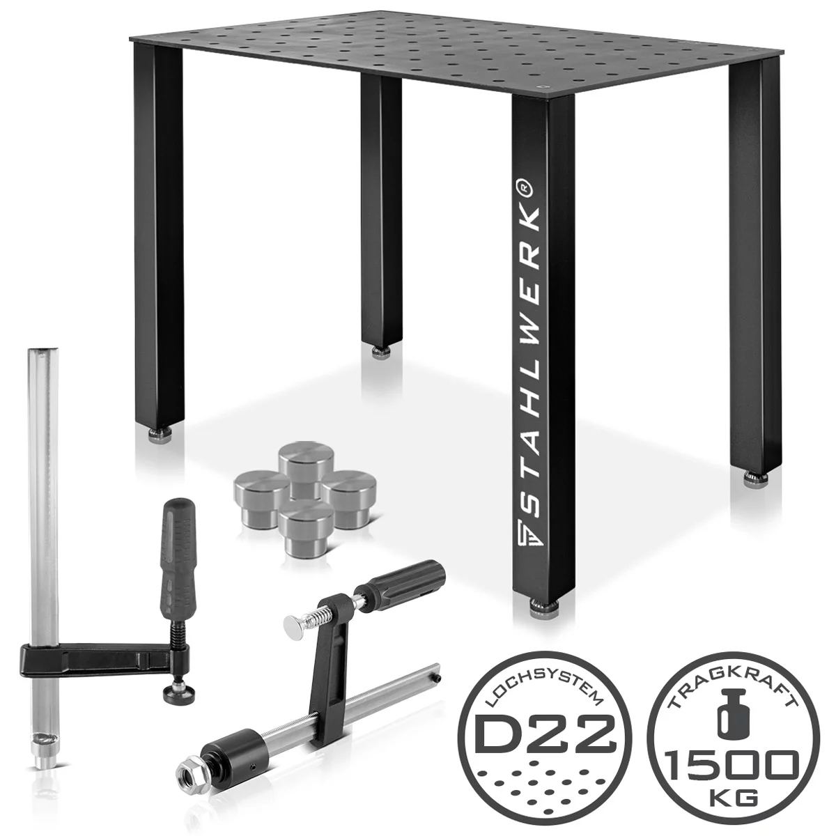 Mese de sudura - Set masă de sudură STAHLWERK | Masă robustă de sudură și asamblare cu sistem de găuri D22 | Blat de lucru de 12 mm | Kit DIY într-un set cu cleme de fixare, înșurubare și strângere | 4 șuruburi de pri
