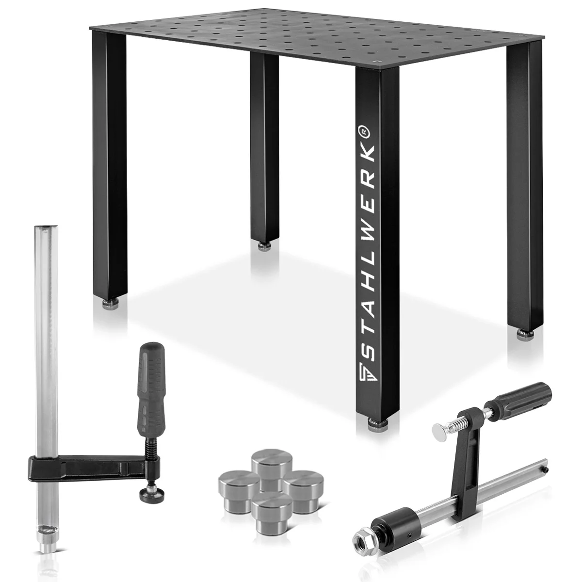 Set masă de sudură STAHLWERK | Masă robustă de sudură și asamblare cu sistem de găuri D22 | Blat de lucru de 12 mm | Kit DIY într-un set cu cleme de fixare, înșurubare și strângere | 4 șuruburi de pri [1]