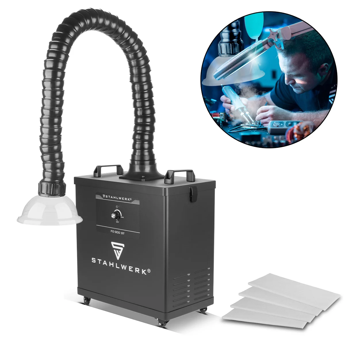 Unitati de extragere a fumului - Unitate de extracție a fumului STAHLWERK FE-300 ST | Sistem de extracție de 300 wați cu filtru triplu | Absorbitor și extractor de fum sigur | Unitate de extracție a fumului de sudură și a lipirii pen