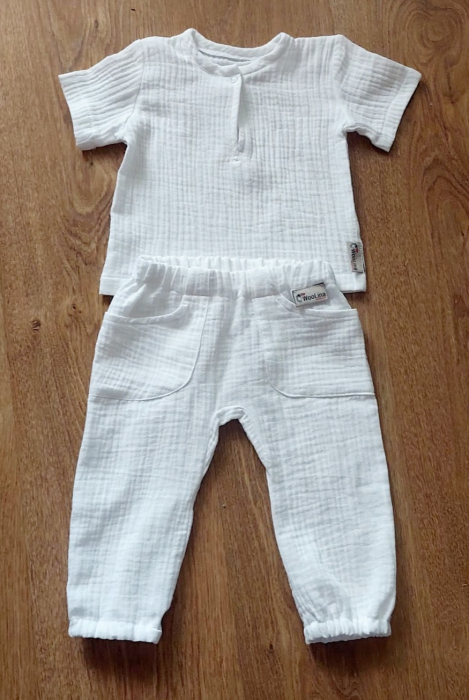 Set pantalon tip salvari și tricou/cămașă din muselină de bumbac certificat Oeko Tex, model SIMPLE WHITE [3]