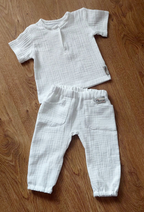 Set pantalon tip salvari și tricou/cămașă din muselină de bumbac certificat Oeko Tex, model SIMPLE WHITE [2]