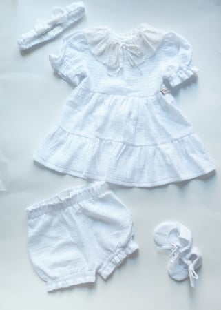Rochii/fuste - Set botez fetiță: Rochță, papucei, botosei și pantaloni-chiloței