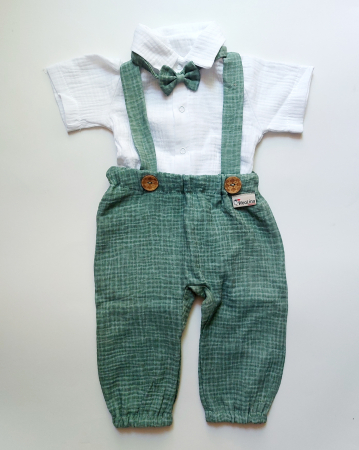 2 piese - Set salvari lungi, body și papion din muselină de bumbac certificat Oeko Tex