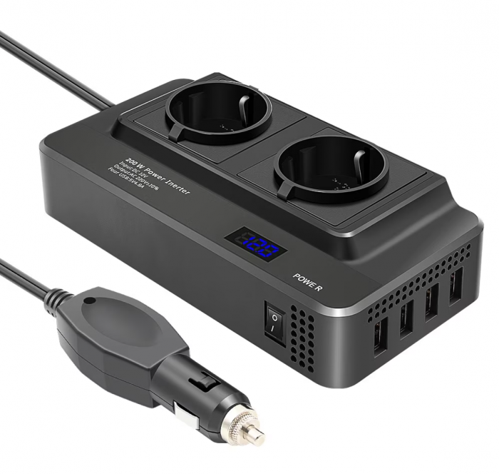 Invertor de putere cu unda sinusoidala iSEN 8300, Negru, 200W, DC12V la AC220V, Afisaj LCD, 2 prize AC EU, 4 Porturi USB cu Incarcare rapida