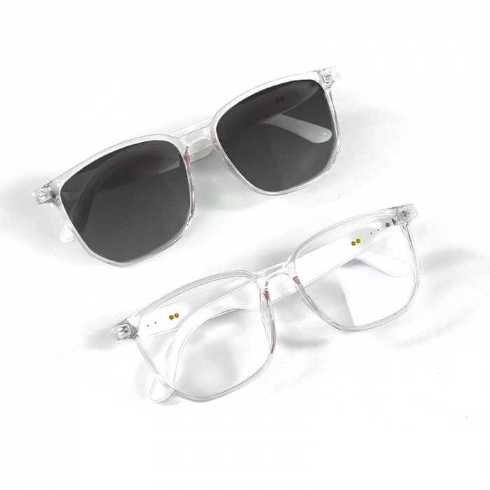Ochelari de soare smart iSEN GS03, Rama transparenta, Lentile polarizate UV400, Unisex, Microfon si difuzor incorporat, Muzica si apeluri Bluetooth, Asistare vocala