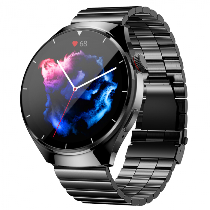 Smartwatch iSEN BK03, Negru, 1.39   HD, Apel Bluetooth, ECG, glucoza din sange, oxigen din sange, tensiune arteriala, puls, temperatura corporala, redare muzica, 270 mAh
