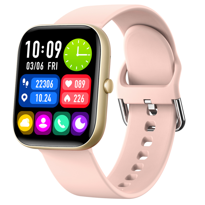 Smartwatch iSEN C08, Auriu, Curea TPU Roz, 1.91   TFT, Ritm Cardiac, Tensiune Arteriala, Oxigen in Sange (SpO2), Moduri Sport, Notificari Apeluri  Mesaje, 200 mAh, Android 5.0   iOS 10.0
