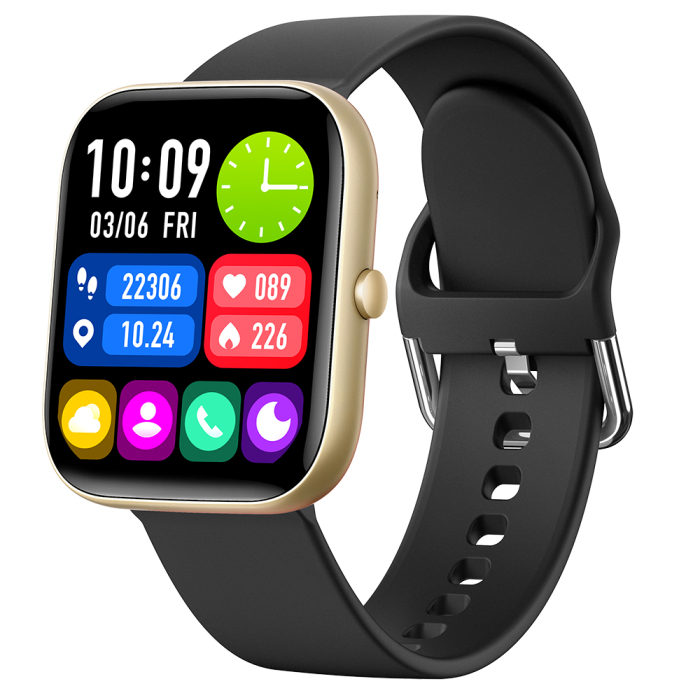 Smartwatch iSEN C08, Auriu, Curea TPU Neagra, 1.91   TFT, Ritm Cardiac, Tensiune Arteriala, Oxigen in Sange (SpO2), Moduri Sport, Notificari Apeluri  Mesaje, 200 mAh, Android 5.0   iOS 10.0
