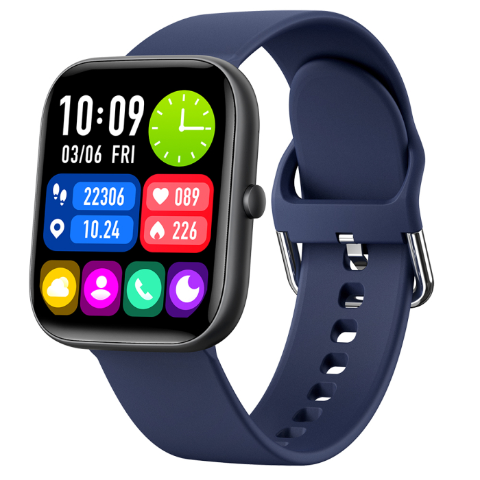 Smartwatch iSEN C08, Negru, Curea TPU Albastru, 1.91   TFT, Ritm Cardiac, Tensiune Arteriala, Oxigen in Sange (SpO2), Moduri Sport, Notificari Apeluri  Mesaje, 200 mAh, Android 5.0   iOS 10.0