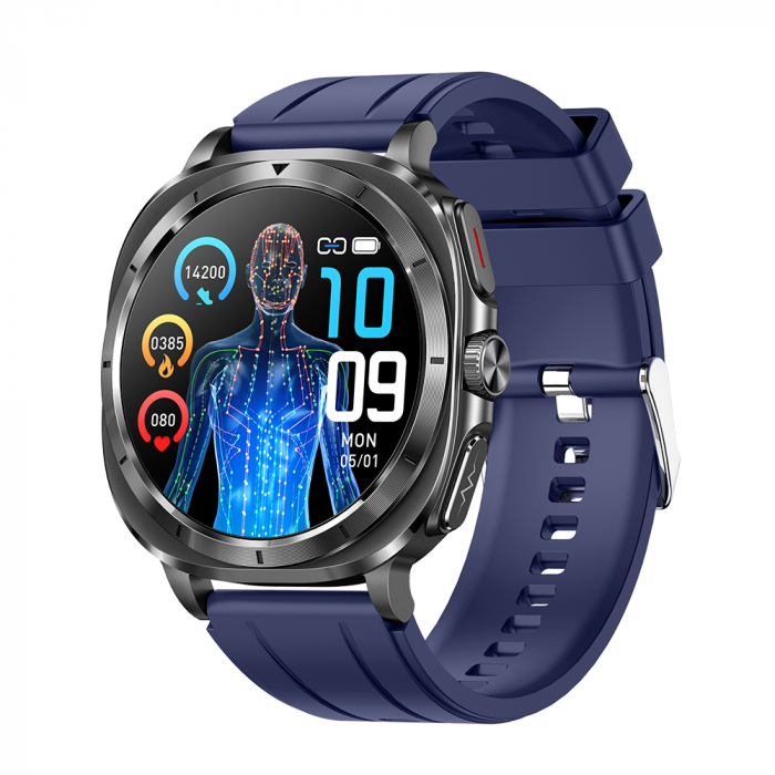 Smartwatch iSEN ET492, Curea silicon mov, 1.43   AMOLED HD, HRV, ECG, Monitorizare sanatate, Functii sport, Bluetooth Call, 380 mAh, Android 5.0 or iOS 10.0 sau mai recent, NFC pentru lacate