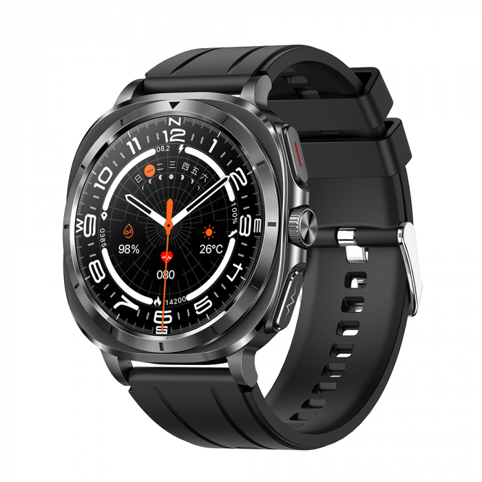 Smartwatch iSEN ET492, Curea silicon negru, 1.43   AMOLED HD, HRV, ECG, Monitorizare sanatate, Functii sport, Bluetooth Call, 380 mAh, Android 5.0 or iOS 10.0 sau mai recent, NFC pentru lacate