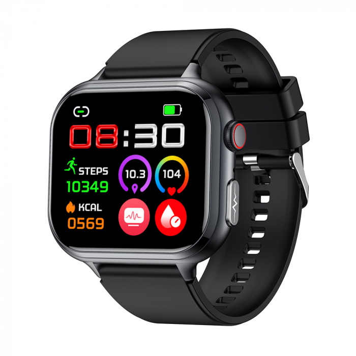 Smartwatch iSEN TK17 Negru, Silicon, 1.91   HD, ECG, Ritm Cardiac, Oxigen in Sange, Glicemie, Tensiune Arteriala, Acid Uric, BMI, Monitorizare Somn, Moduri Sport, Apeluri, Control Muzica, Vreme, 380mAh