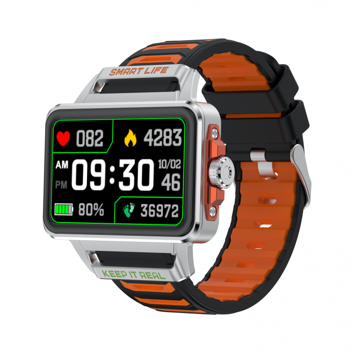 Smartwatch iSEN S666, Silver Black Orange, 1.57   TFT HD, iOS   Android, NFC, Alerta apel Bluetooth, Jocuri, Monitorizare sanatate, 240mAh