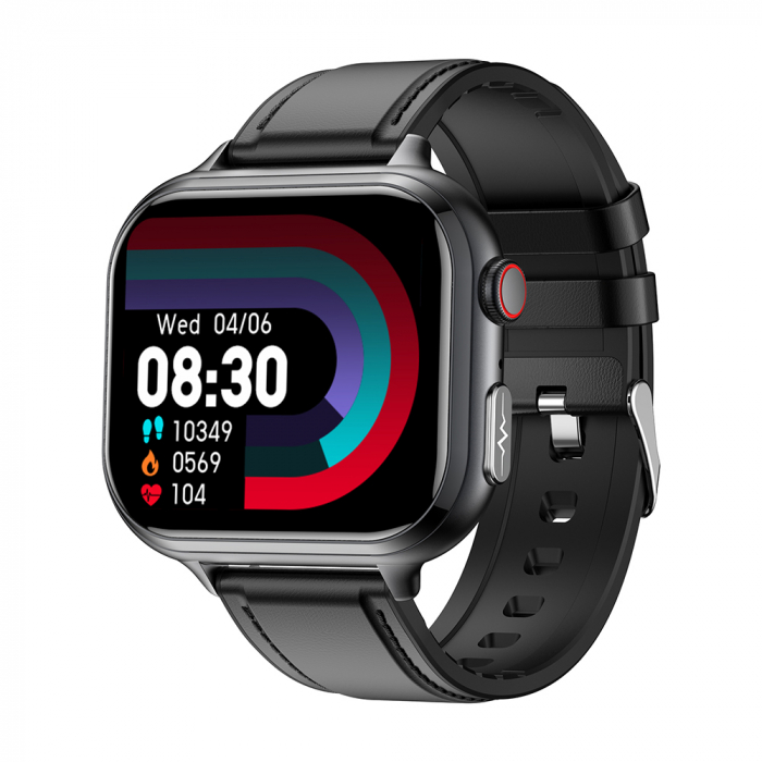 Smartwatch iSEN TK17 Negru, Piele, 1.91   HD, ECG, Ritm Cardiac, Oxigen in Sange, Glicemie, Tensiune Arteriala, Acid Uric, BMI, Monitorizare Somn, Moduri Sport, Apeluri, Control Muzica, Vreme, 380mAh