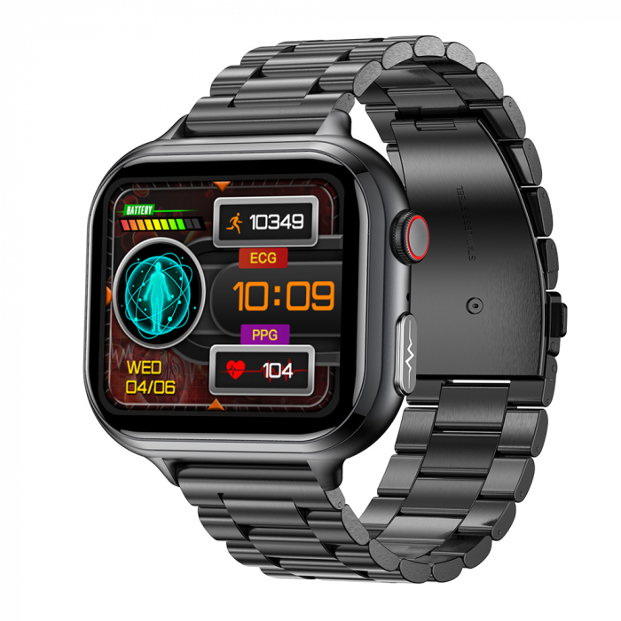 Smartwatch iSEN TK17 Negru, Otel, 1.91   HD, ECG, Ritm Cardiac, Oxigen in Sange, Glicemie, Tensiune Arteriala, Acid Uric, BMI, Monitorizare Somn, Moduri Sport, Apeluri, Control Muzica, Vreme, 380mAh