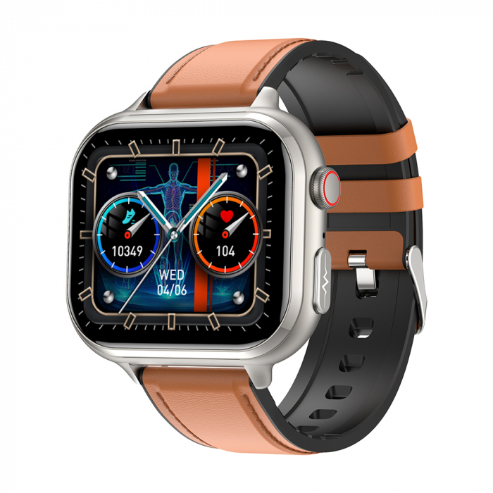 Smartwatch iSEN TK17 Maro, Piele, 1.91   HD, ECG, Ritm Cardiac, Oxigen in Sange, Glicemie, Tensiune Arteriala, Acid Uric, BMI, Monitorizare Somn, Moduri Sport, Apeluri, Control Muzica, Vreme, 380mAh