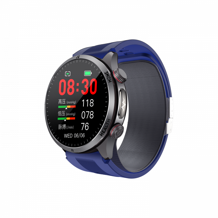 Smartwatch iSEN S26 Albastru, 2.06   AMOLED, Tensiometru cu pompa si airbag, ECG, Monitorizare glicemie, oxigen, temperatura si somn, Moduri sport, Apel BT, Control muzica, Prognoza meteo, NFC, 530mAh