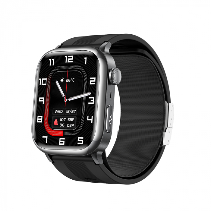 Smartwatch iSEN TK66 Negru, 2.06   AMOLED, Monitor de tensiune arteriala cu pompa de aer, ECG, Ritm cardiac, oxigen in sange, somn si sanatate, Moduri sport, Apel BT, Control muzica, NFC, 530mAh