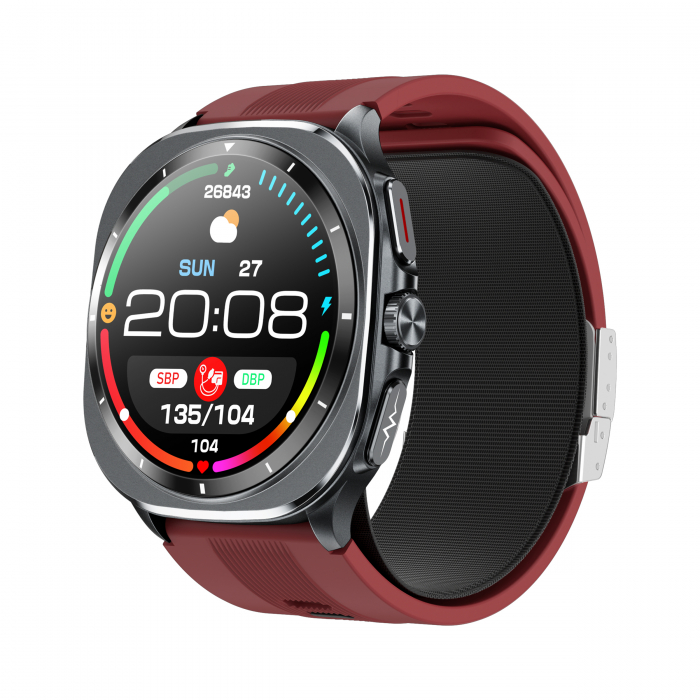 Smartwatch iSEN TK65 Rosu, 1.43  AMOLED, Tensiometru cu manseta gonflabila, Moduri sport, Monitorizare sanatate si somn, Apel BT, Control muzica, Prognoza vremii, NFC, 530mAh