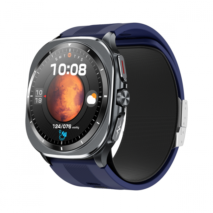 Smartwatch iSEN TK65 Albastru, 1.43  AMOLED, Tensiometru cu manseta gonflabila, Moduri sport, Monitorizare sanatate si somn, Apel BT, Control muzica, Prognoza vremii, NFC, 530mAh