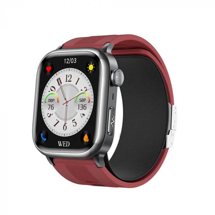 Smartwatch iSEN TK66 Rosu, 2.06   AMOLED, Monitor de tensiune arteriala cu pompa de aer, ECG, Ritm cardiac, oxigen in sange, somn si sanatate, Moduri sport, Apel BT, Control muzica, NFC, 530mAh