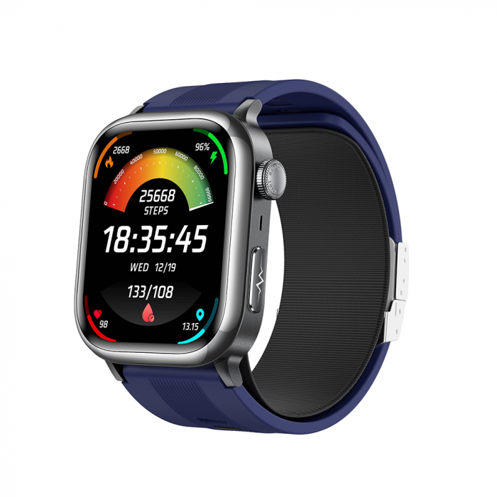 Smartwatch iSEN TK66 Albastru, 2.06   AMOLED, Monitor de tensiune arteriala cu pompa de aer, ECG, Ritm cardiac, oxigen in sange, somn si sanatate, Moduri sport, Apel BT, Control muzica, NFC, 530mAh