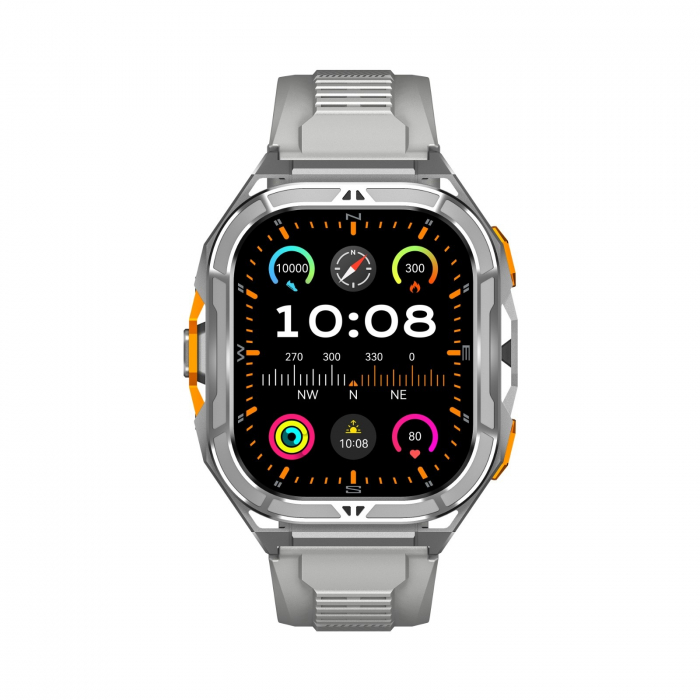 Smartwatch iSEN X5, Gri, Bratara din silicon, AMOLED 1.96  , Ritm cardiac, SpO2, Monitorizare stres, 100+ moduri sport cu GPS, Apel Bluetooth, 530 mAh, Android 6.0 sau iOS 12.0