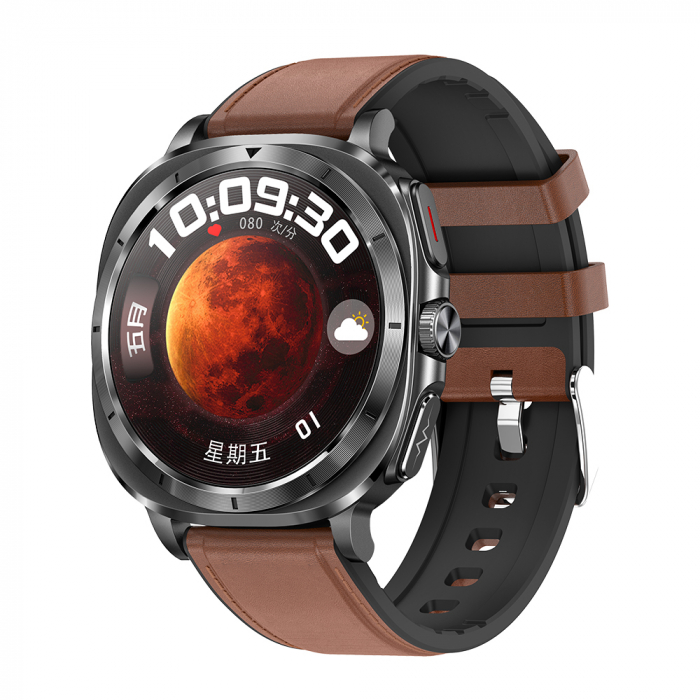 Smartwatch iSEN ET492, Curea piele maro, 1.43   AMOLED HD, HRV, ECG, Monitorizare sanatate, Functii sport, Bluetooth Call, 380 mAh, Android 5.0 or iOS 10.0 sau mai recent, NFC pentru lacate