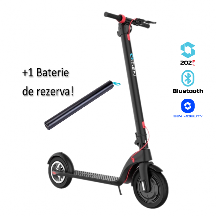 Pachet trotineta electrica pliabila iSEN X7 Pro 2025 Negru, Aplicatie, BT, 10  , motor 350W, autonomie pana la 50km, pana la 25km h, baterie detasabila + 1 Baterie X7 Pro 36V