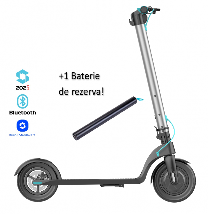 Pachet trotineta electrica pliabila iSEN X7 Pro 2025 Argintiu, Aplicatie, BT, 10  , motor 350W, autonomie pana la 50km, pana la 25km h, baterie detasabila + 1 Baterie X7 Pro 36V