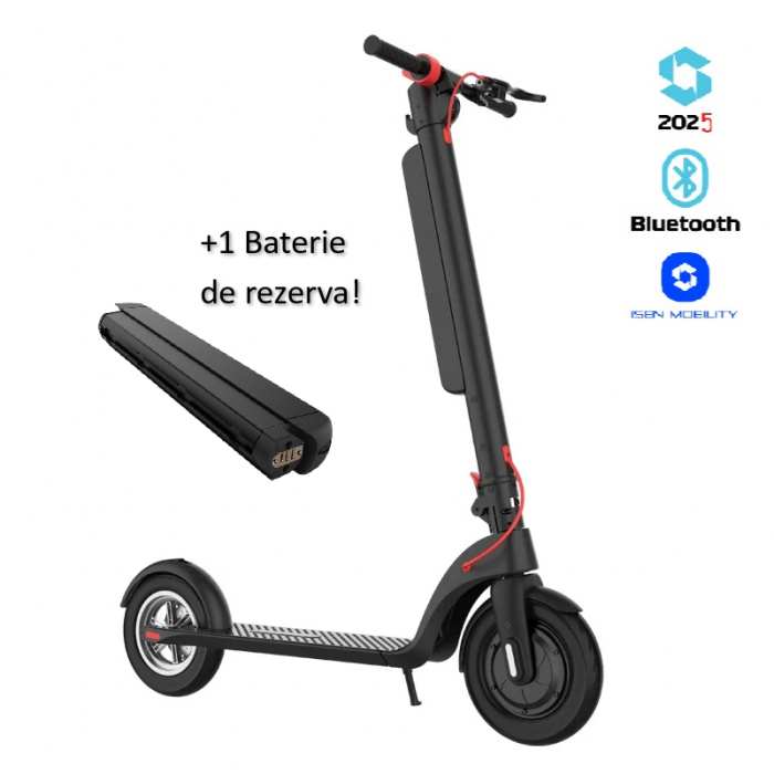 Pachet trotineta electrica pliabila iSEN X8 2025 Negru, APP, BT, 10 inch, motor 350W, autonomie pana la 90km,  viteza pana la 38km h, baterie detasabila + 1 baterie X8 2025 36V