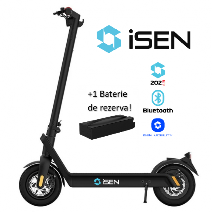 Pachet trotineta electrica pliabila iSEN X9 Plus 2025 Negru, Aplicatie, BT, 850W, autonomie pana la 130km,  pana la 40 km h, baterie detasabila 15.6Ah + 1 baterie X9 Plus 36V