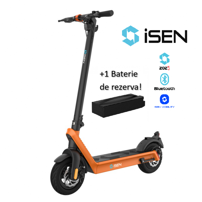Pachet trotineta electrica pliabila iSEN X9 Plus 2025 Portocaliu, Aplicatie, BT, 850W, autonomie pana la 130km,  pana la 40 km h, baterie detasabila 15.6Ah + 1 baterie X9 Plus 36V