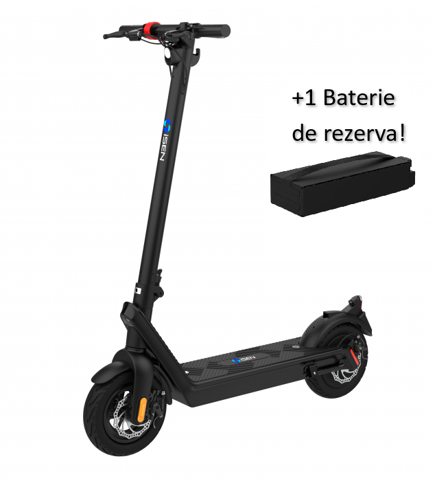 Pachet trotineta electrica pliabila iSEN X9 Pro Negru, 10 inch, 1100W, autonomie pana la 200km,  viteza pana la 40km h, baterie detasabila 48V 15.6A + 1 baterie X9 Pro 48V
