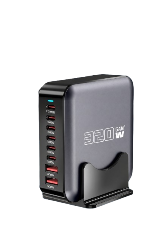 Noutati - Încărcător Desktop iSEN 320W GaN, Negru, 8 Porturi USB (6x USB-C + 2x USB-A), PD 100W, Încărcare Rapidă Multi-Dispozitiv