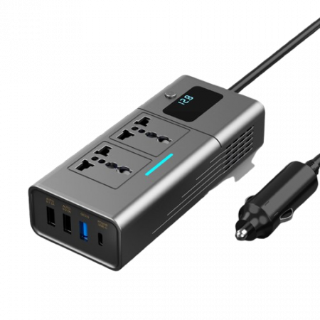 Gadgets - Invertor Auto iSEN 200W Gri, DC12V la AC110V/220V, Multiple Interfețe, Ecran Digital, QC3.0 și PD Încărcare Rapidă, Protecție Supratensiune, Ventilare