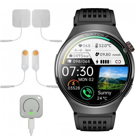 Noutati - Smartwatch iSEN FD06 Negru, 1.85" HD, Monitorizare Somn, Glicemie, SpO2+ECG, HR, Apel Bt, SOS, Asistent Vocal, Monitorizare Menstruala