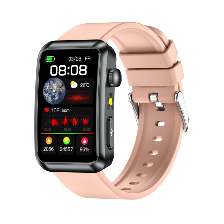 Noutati - Smartwatch iSEN TK77 Roz, Silicon, 1.57" HD, ECG, Micro-Examinare, Risc Glicemie, Acid Uric & Lipide, Apel BT, Asistent Vocal, Lanterna, SOS, 250mAh