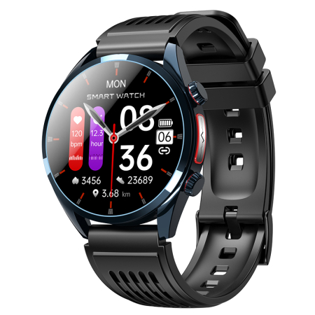 Noutati - Smartwatch iSEN FE02, Albastru, Curea Silicon Neagra, 1.43" AMOLED, EKG, Ritm Cardiac, SpO2, Glicemie, Tensiune, Moduri Sport, Apelare HD Bluetooth, 350 mAh, Android 5.0 sau iOS 10.0 sau ulterior