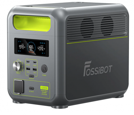 Zöld energia - Fossibot F1200 Hordozható Töltőállomás, Zöld, 1200W, 1024Wh, LCD Kijelző, BMS Védelem, 7 Kimenet, LED Zseblámpa, SOS