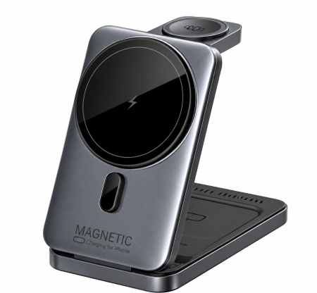 Gadgets - iSEN S28 Vezeték Nélküli Töltőállomás, Szürke, 3 az 1-ben, Mágneses, 15W, iPhone, Apple Watch, AirPods, 360°-ban Állítható Tartó, Összecsukható, USB-C