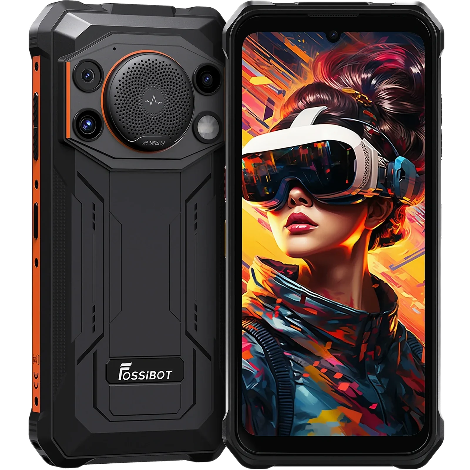 5G Okostelefonok - FOSSiBOT F110L 4G fekete okostelefon, Orange, 6,745" HD+ kijelző, 12GB RAM (8GB + 4GB bővíthető), 128GB ROM, Unisoc Tiger T615, 50MP + 8MP kamera, 10000mAh akkumulátor, 128dB hangszóró, 120LM zseblám