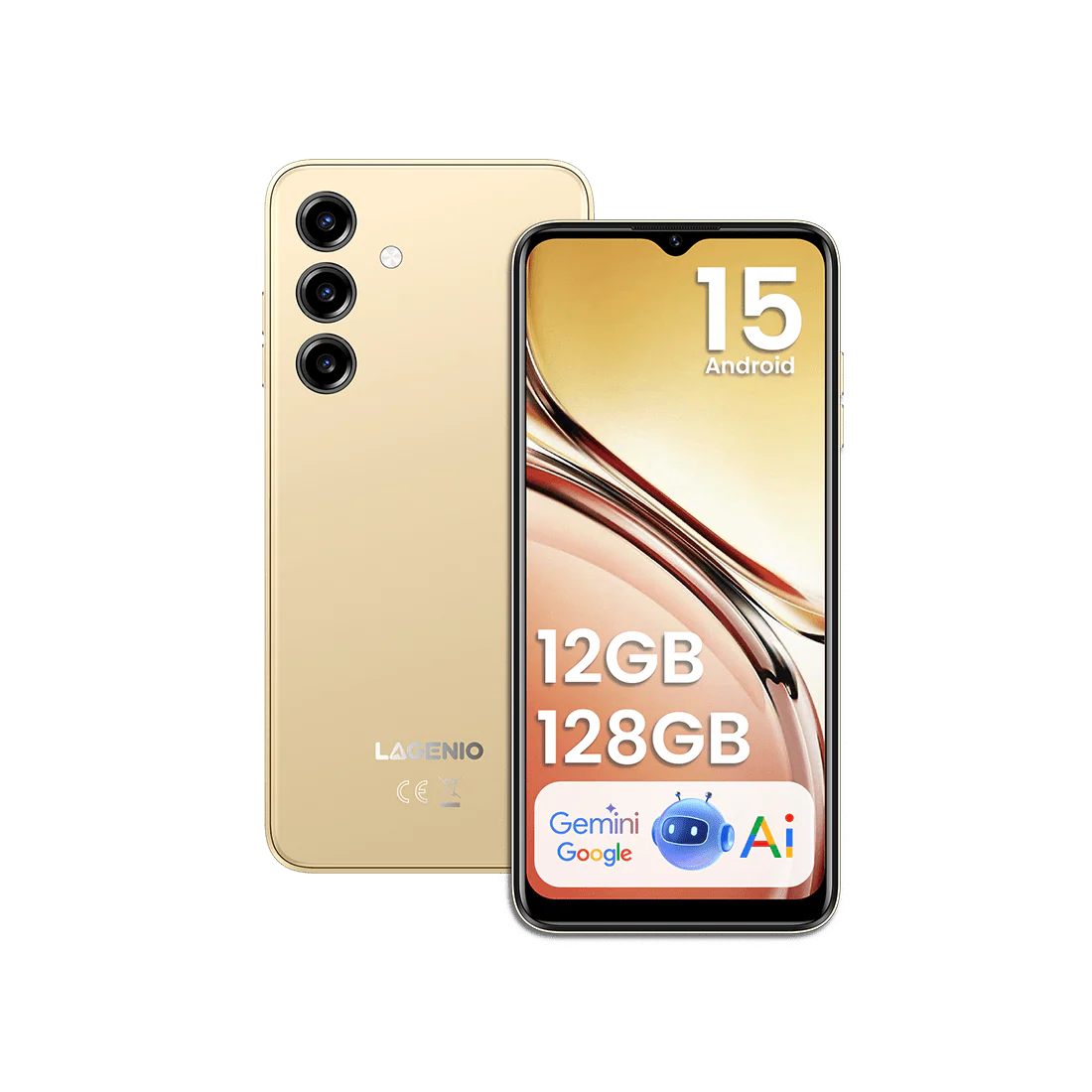 Telefon Gyártók - Lagenio A10 Pro Okostelefon, Arany, 4G LTE, 6.52" HD+ 90Hz Kijelző, 12GB RAM (4GB + 8GB bővíthető), 128GB, 13MP Kamera, Android, 5150mAh, Dual SIM