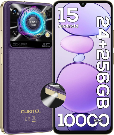 Mobiltelefon - OUKITEL C60 Pro mobiltelefon, Lila, 4G, 6.88" HD+, 24GB RAM (8GB + 16GB bővített), 256GB ROM, 13MP, Android 15, Unisoc T606, 110dB hangszóró, 120LM zseblámpa, 10000mAh, 18W, Nano SIM