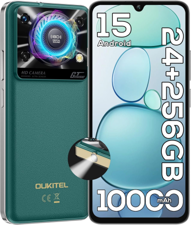 Oukitel mobiltelefonok - OUKITEL C60 Pro mobiltelefon, Zöld, 4G, 6.88" HD+, 24GB RAM (8GB + 16GB bővített), 256GB ROM, 13MP, Android 15, Unisoc T606, 110dB hangszóró, 120LM zseblámpa, 10000mAh, 18W, Nano SIM