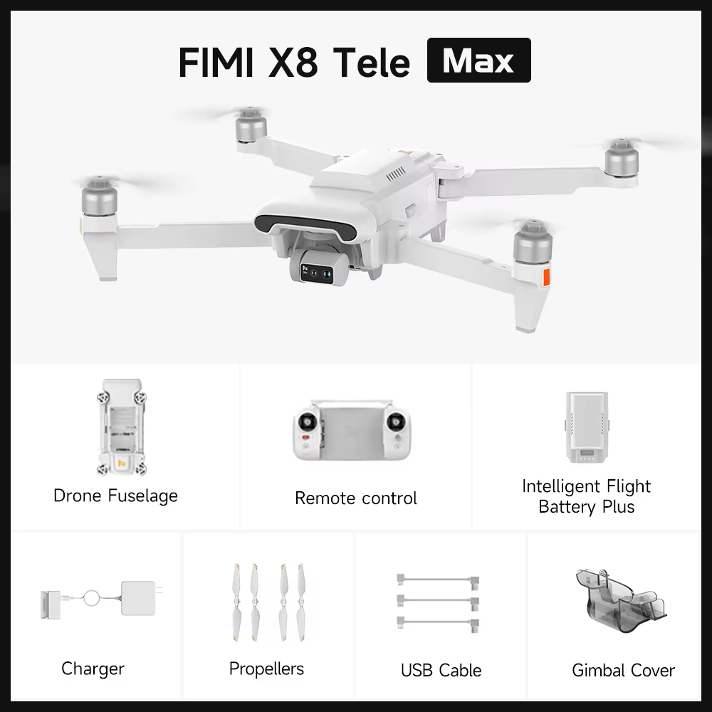 FIMI X8 Tele Max Összecsukható drón, 4K/60fps, 48MP, RokLink 5.0 20km, 30x hibrid zoom, 3 tengelyes gimbal, 5000m maximális repülési magasság, 18m/s sebesség, Smart Tracking, GPS, Super Night Video, A [5]