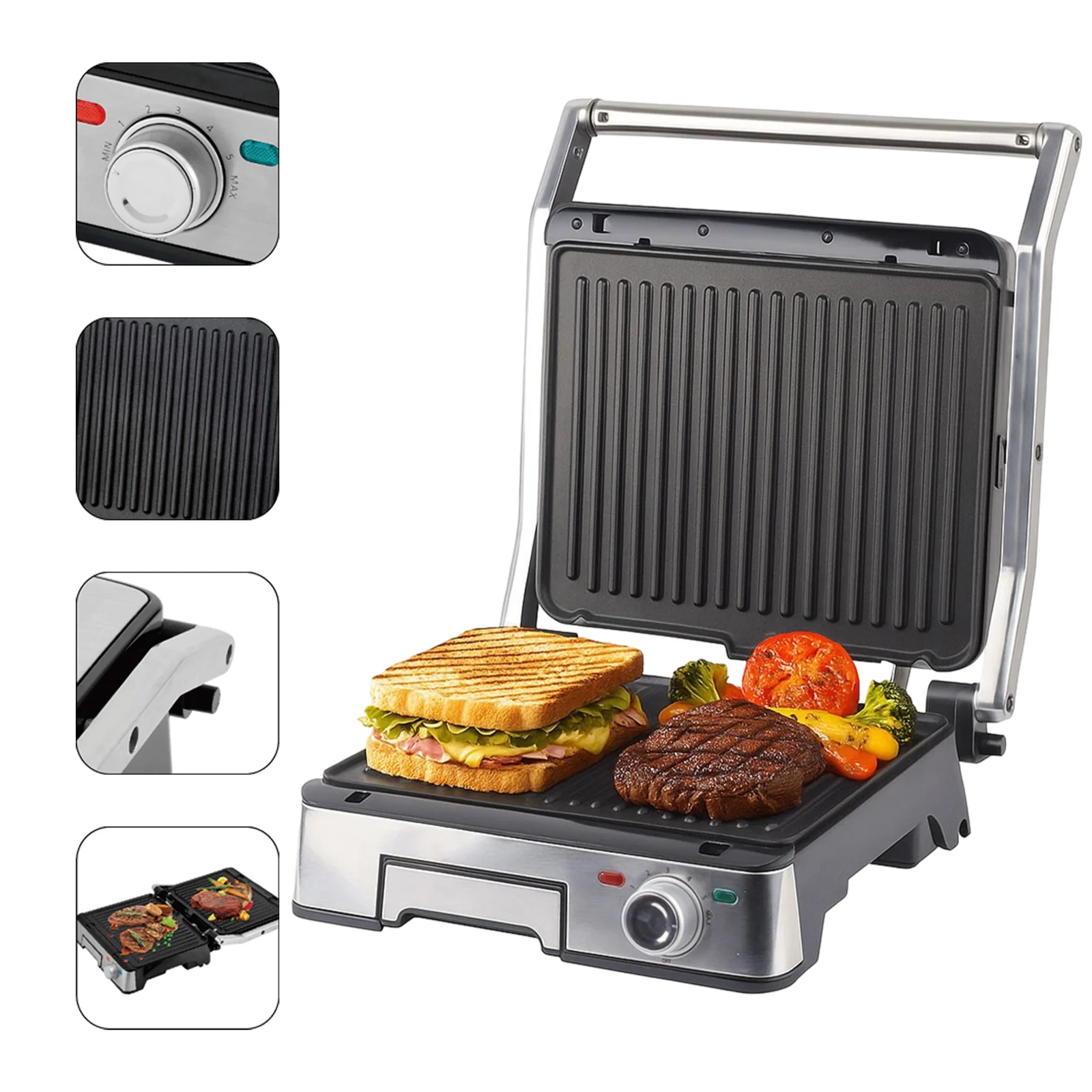 iHunt Bro Dual Grill XXL Elektromos Grill, 1800W, 180° Nyitható Kialakítás, 29 x 23 cm Grilllapok, Rozsdamentes Acél Burkolat [2]